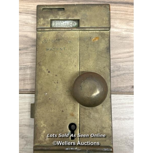 303 - Vintage brass penny slot toilet lock bearing writing 'Faulkner's Patent' / 38.5 cm x 11cm