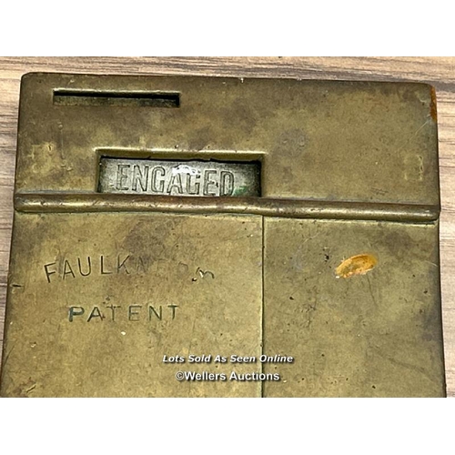 303 - Vintage brass penny slot toilet lock bearing writing 'Faulkner's Patent' / 38.5 cm x 11cm