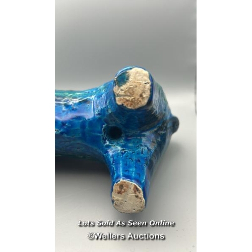 79 - Aldo Londi (1911-2003) for Bitossi, blue glazed pottery Bull c1960's, 32cm long, 18cm high / AN12