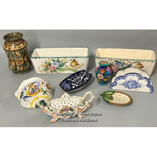 84 - Group of mediterranean ceramics including venetian potpourri dish, Palermo vase, olive dish, flower ... 