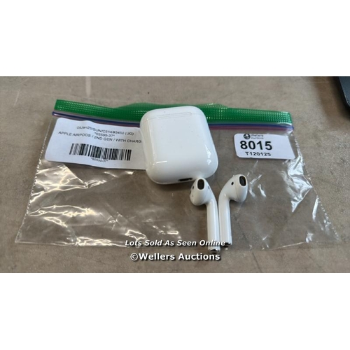 8015 - APPLE AIRPODS / 2ND GEN / WITH CHARGING CASE / MV7N2ZMA / POWERS UP / CONNECTS TO BT / SIGNS OF USE ... 