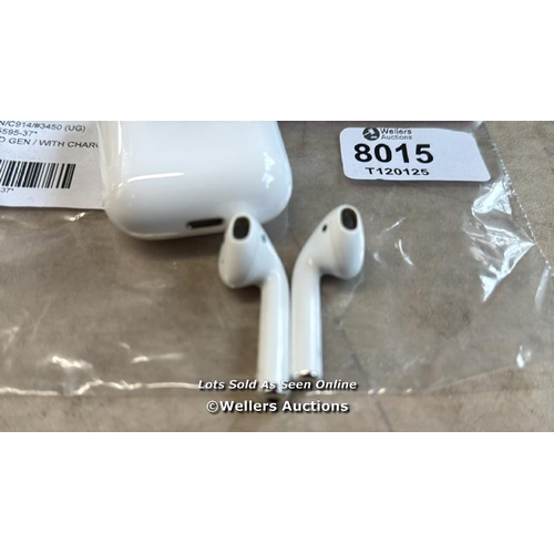 8015 - APPLE AIRPODS / 2ND GEN / WITH CHARGING CASE / MV7N2ZMA / POWERS UP / CONNECTS TO BT / SIGNS OF USE ... 