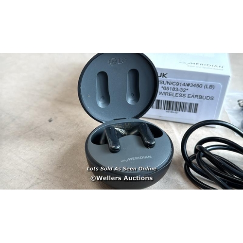 8028 - LG UFP5 WIRELESS EARBUDS / POWERS UP / MINIMAL IF ANY SIGNS OF USE / CONNECTS TO BT / WITH CHARGING ... 