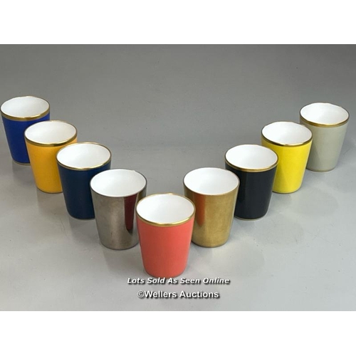 119 - Nine Limoges France colourful porcelain handleless cups, 8.2cm high / AN13