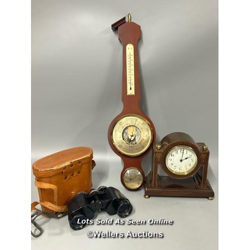 97 - Inlaid wooden mantle clock stamped 'Made in France', 19cm high (without key), modern barometer and G... 