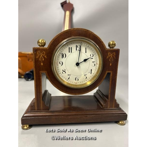 97 - Inlaid wooden mantle clock stamped 'Made in France', 19cm high (without key), modern barometer and G... 