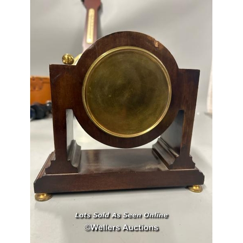 97 - Inlaid wooden mantle clock stamped 'Made in France', 19cm high (without key), modern barometer and G... 