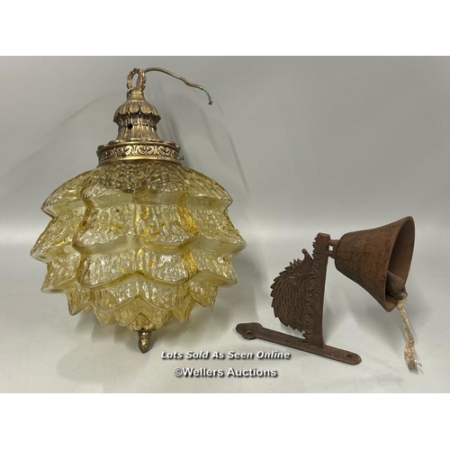 99 - Vintage yellow glass 'cone' ceiling light with brass fittings , shade, 26cm high, 25cm wide with a b... 