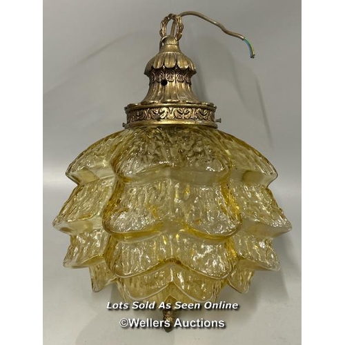 99 - Vintage yellow glass 'cone' ceiling light with brass fittings , shade, 26cm high, 25cm wide with a b... 