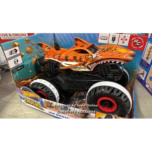 4361 - HOT WHEELS MONSTER TRUCKS REMOTE CONTROL CAR, UNSTOPPABLE TIGER SHARK WITH TREAD ATTACK TIRES AND TE... 