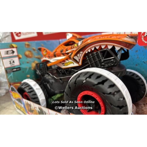 4361 - HOT WHEELS MONSTER TRUCKS REMOTE CONTROL CAR, UNSTOPPABLE TIGER SHARK WITH TREAD ATTACK TIRES AND TE... 