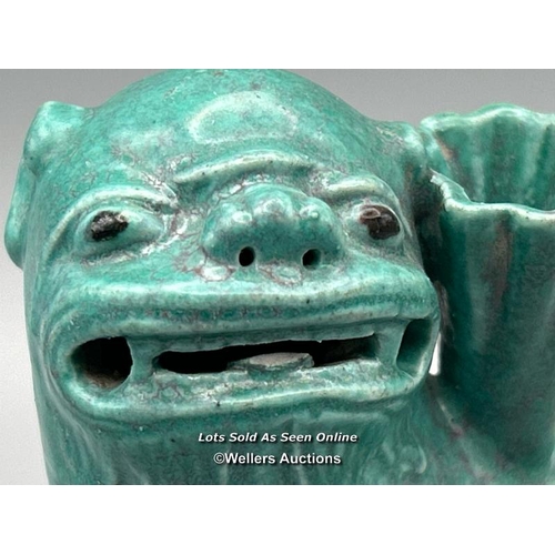 125 - Chinese green glazed Buddhist Lion joss-stick holder, Qing Dynasty, 12cm high / AN47