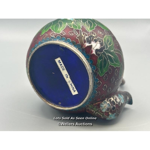 135 - A small vintage Chinese Cloisonne teapot with handle  decorated with birds and flowers, 8cm high / A... 