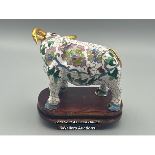 136 - A vintage cloisonne figure of a Buffalo on a carved wood stand , 6cm high / AN47