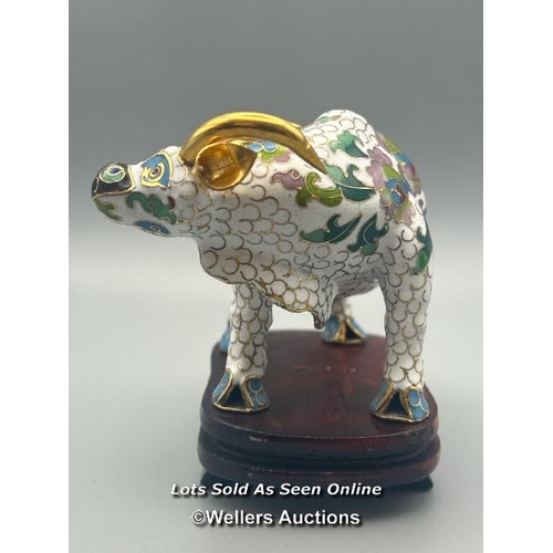 136 - A vintage cloisonne figure of a Buffalo on a carved wood stand , 6cm high / AN47