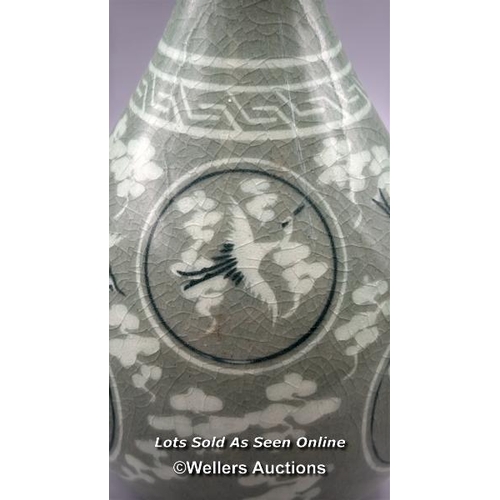 138 - Korean celadon - glazed bottle vase with Cranes motif under crackle glaze, signed, 19.5cm high / AN4... 