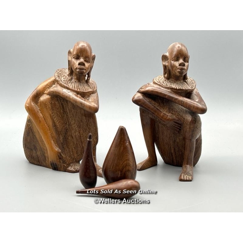 145 - Six carved African tribe figurines including three gourds and one speer, tallest 15 cm high with a d... 