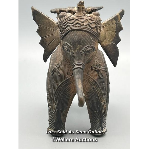 147 - Three brass dhokra cast Elephants from Orissa including one as a candle holder, tallest 9cm high / A... 