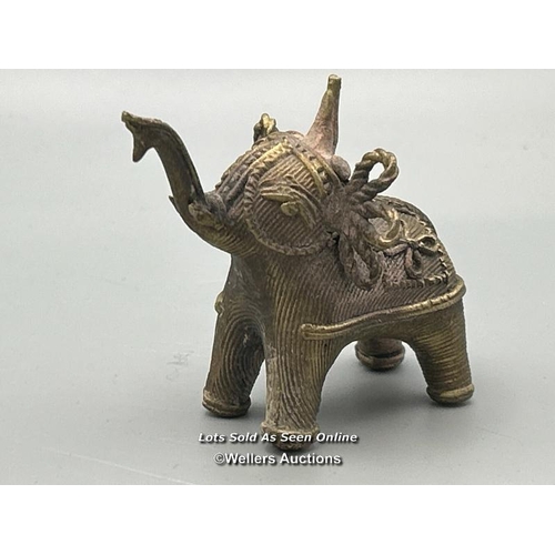 147 - Three brass dhokra cast Elephants from Orissa including one as a candle holder, tallest 9cm high / A... 