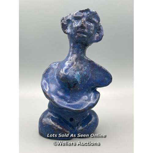 165 - Abstract sculpture of a figure with blue glaze, signed 'LL 03', 18.5cm high with a Pomegranate ceram... 