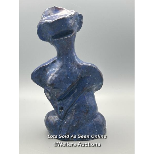 165 - Abstract sculpture of a figure with blue glaze, signed 'LL 03', 18.5cm high with a Pomegranate ceram... 