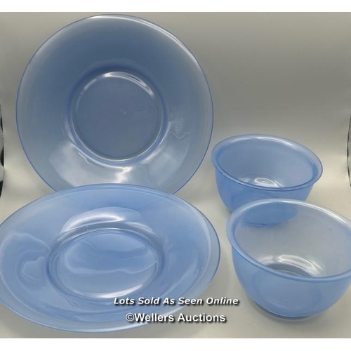 167 - Blue glass bowls and plates, bowls, 6cm high, plates 20cm diameter (4) / T42