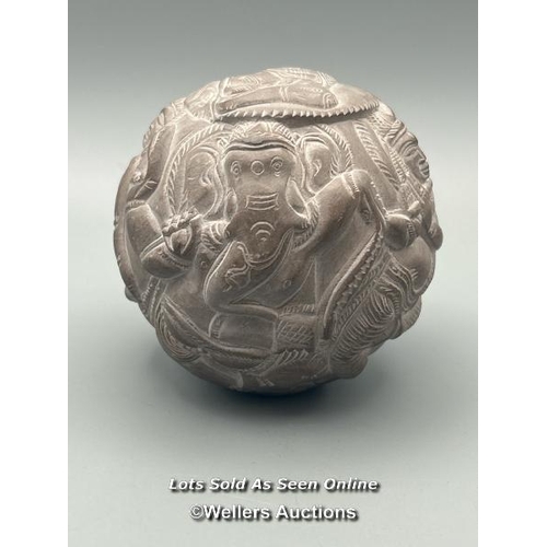 169 - Carved soapstone ball depicting Indian Gods, small green painted plaster Cow, resin model of a horse... 