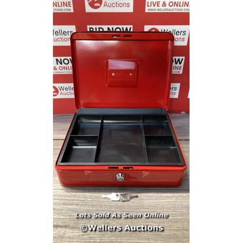 7016 - BURG WACHTER CB04R CASH BOX, RED, 300 X 90 X 240MM / SMALL DENT IN LID / UNABLE TO LOCK / COMES WITH... 