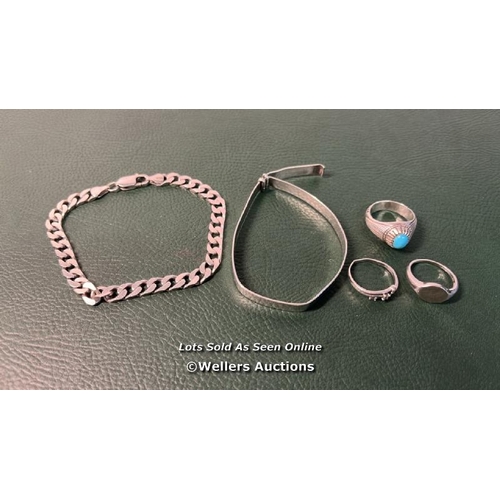 9706 - BAG OF SILVER X5 INC. CHAIN BRACELET, RINGS WITH STONE, BRACELET CABLE TIE