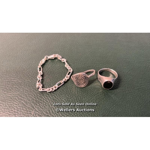 9708 - BAG OF SILVER X3 INC. CHILDREN BRACELET, RING, RING WITH BLACK STONE,