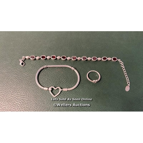 9710 - BAG OS SILVER X3 INC. PANDORA HEART BRACELET, HEART RING, ALLURE BROWN STONE BRACELET