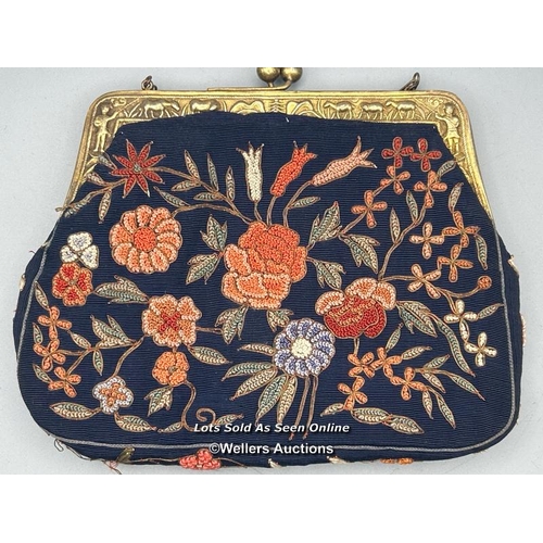 182 - Two vintage evening purses, one with embroidered flowers and metal clasp decorated with farmers and ... 