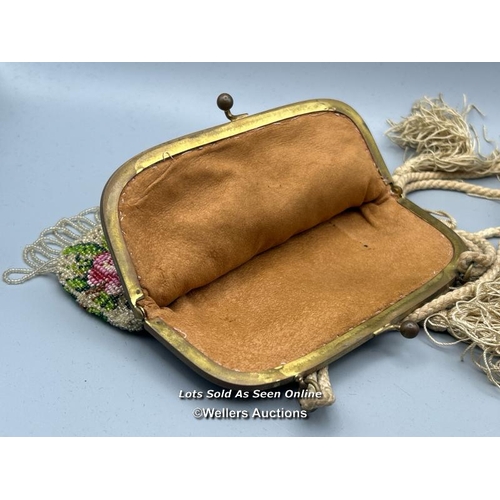 182 - Two vintage evening purses, one with embroidered flowers and metal clasp decorated with farmers and ... 