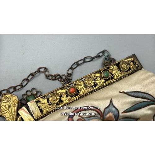 183 - A vintage silk evening purse embroidered with flowers and butterfly design, filigree brass clasp wit... 