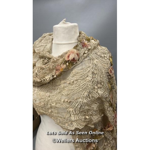 185 - Victorian clothing including a long cream shawl with embroidered pink roses and ladies underwear / T... 