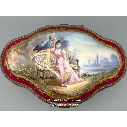 186 - A Sevres porcelain jewellery box, hand painted with a courting scene signed 'Litz' on the lid, inter... 