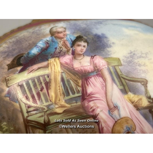 186 - A Sevres porcelain jewellery box, hand painted with a courting scene signed 'Litz' on the lid, inter... 