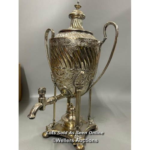 195 - A silver plate Samovar stamped G.W.S. (George Wish - b.1846), decorated with flowers, on four clawed... 