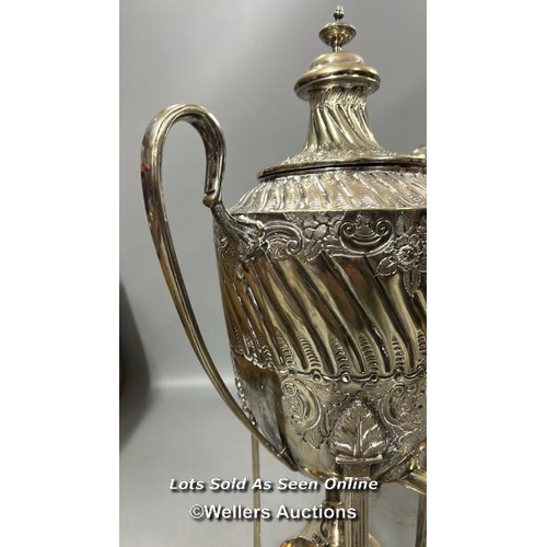 195 - A silver plate Samovar stamped G.W.S. (George Wish - b.1846), decorated with flowers, on four clawed... 