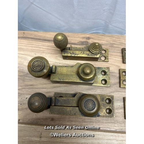 347 - X3 vintage brass sash window fasteners, two with wording 'Hopkinson patent'