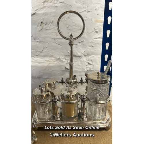 196 - Assorted silver plate including cruet set, candle holders and pierced sherry glass holders / AN17