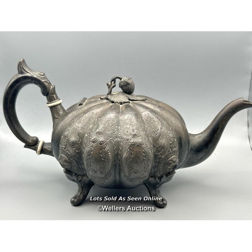 199 - A silver plated pumpkin shaped teapot by Henry Hobson & Son and a large metal tray, 39 x 28cm, metal... 