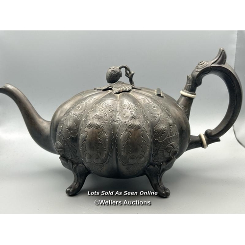 199 - A silver plated pumpkin shaped teapot by Henry Hobson & Son and a large metal tray, 39 x 28cm, metal... 