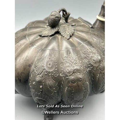 199 - A silver plated pumpkin shaped teapot by Henry Hobson & Son and a large metal tray, 39 x 28cm, metal... 