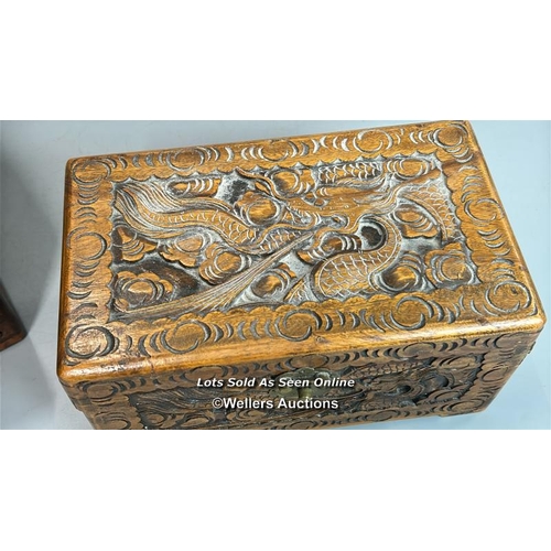 232 - Two Chinese camphor wood carved boxes with brass fittings, both 25 x 23 x 15cm / T37