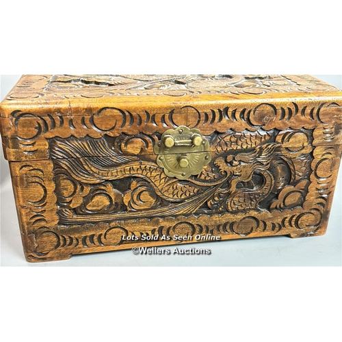 232 - Two Chinese camphor wood carved boxes with brass fittings, both 25 x 23 x 15cm / T37