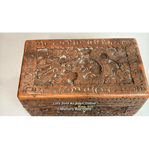 232 - Two Chinese camphor wood carved boxes with brass fittings, both 25 x 23 x 15cm / T37