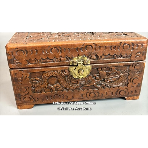 232 - Two Chinese camphor wood carved boxes with brass fittings, both 25 x 23 x 15cm / T37