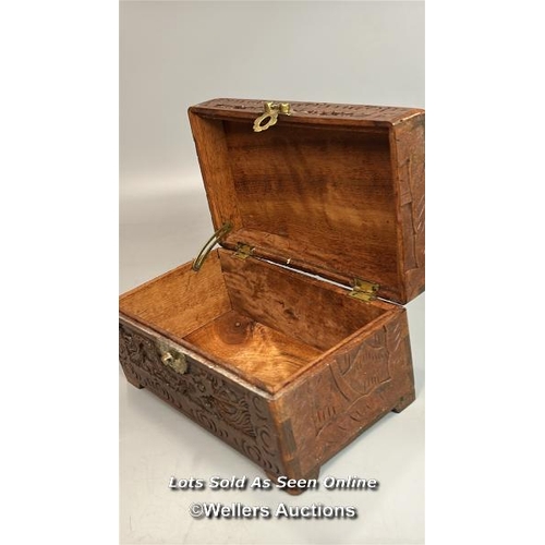 232 - Two Chinese camphor wood carved boxes with brass fittings, both 25 x 23 x 15cm / T37