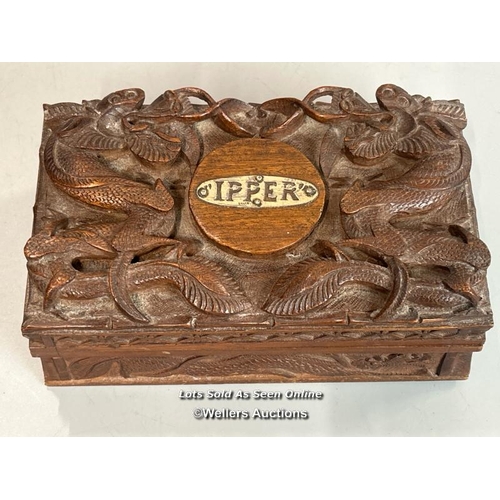 239 - Two decorative wooden boxes including a camphor wood box carved with Serpent / Sea Dragon,  plaque o... 